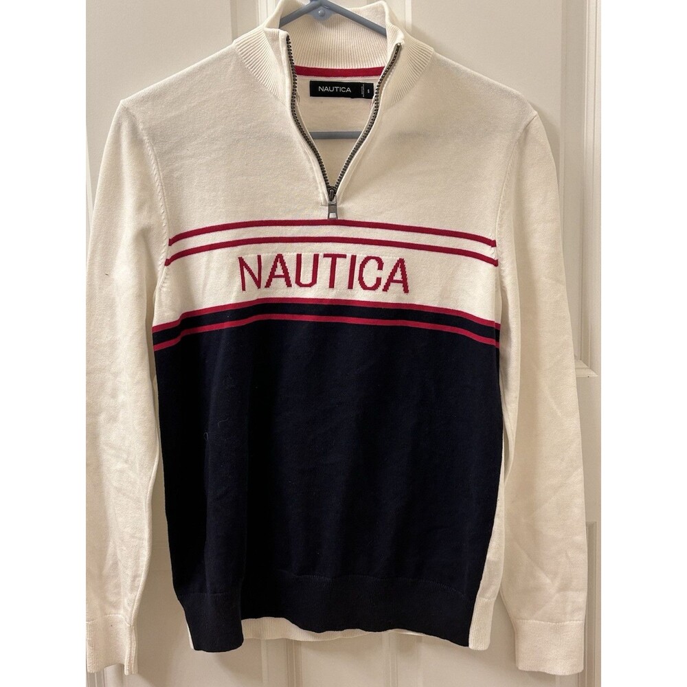 Nautica Sweater Adult Small White Sailing Sweatshirt 1/4 Zip Casual Mens